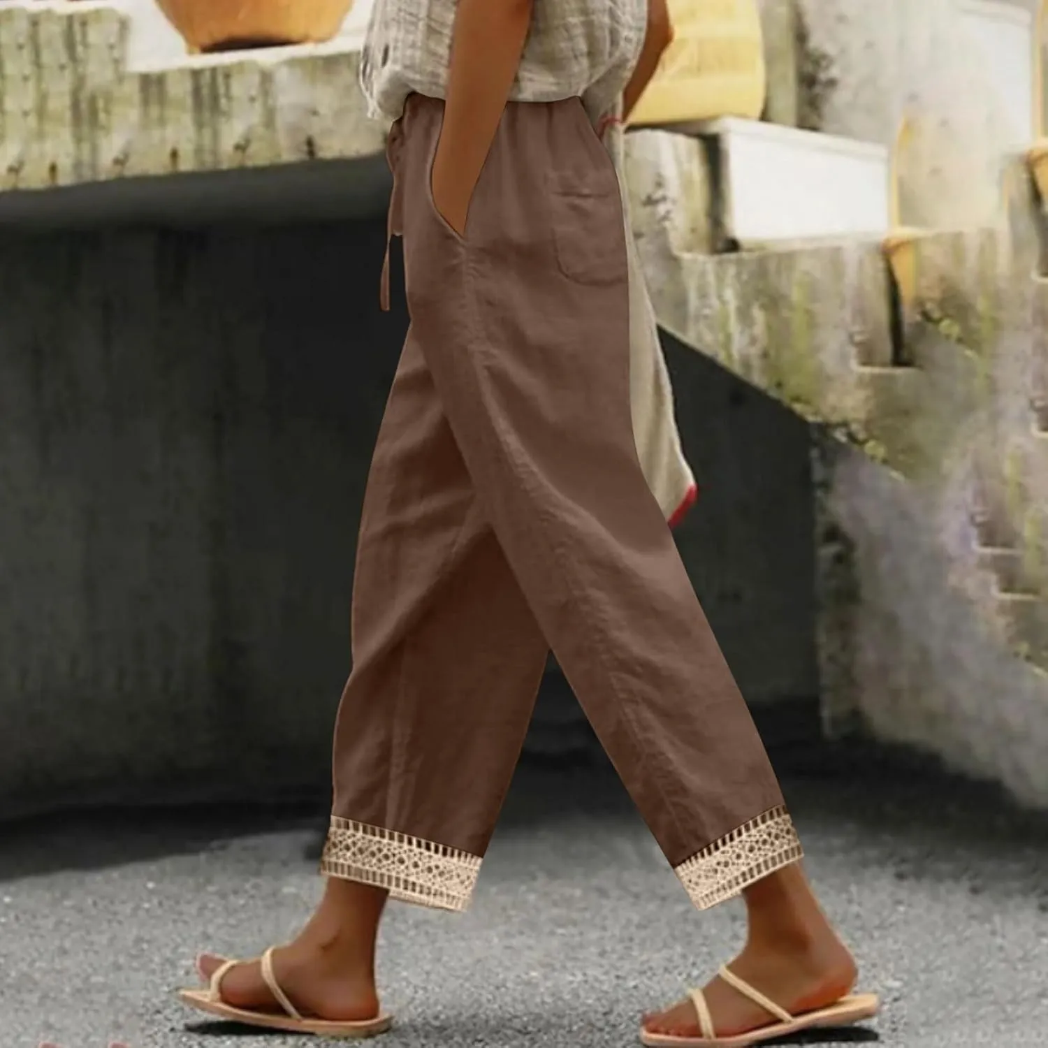 2025 Womens lace Capri Linen Pants, Casual Summer Drawstring Elastic High Waist Pant Straight Cropped Trouser