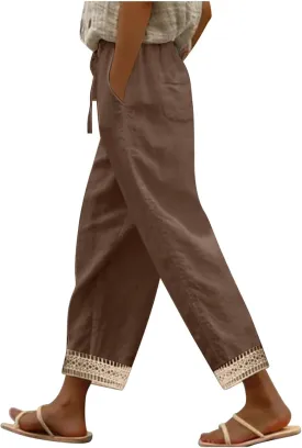 2025 Womens lace Capri Linen Pants, Casual Summer Drawstring Elastic High Waist Pant Straight Cropped Trouser