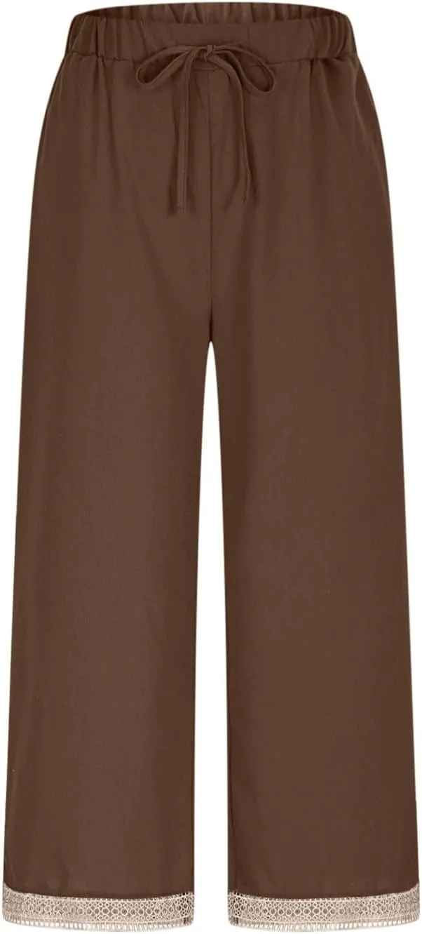 2025 Womens lace Capri Linen Pants, Casual Summer Drawstring Elastic High Waist Pant Straight Cropped Trouser