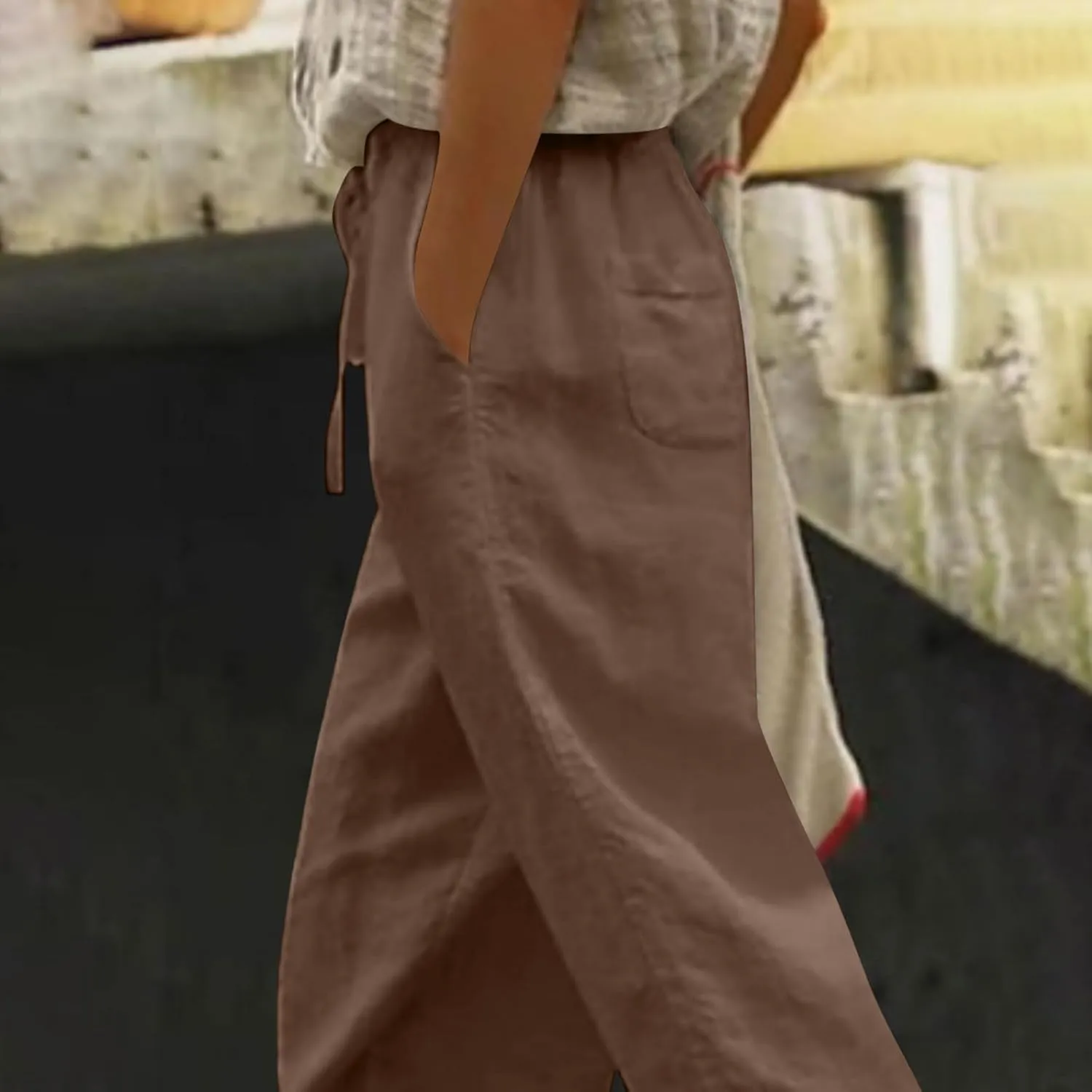 2025 Womens lace Capri Linen Pants, Casual Summer Drawstring Elastic High Waist Pant Straight Cropped Trouser