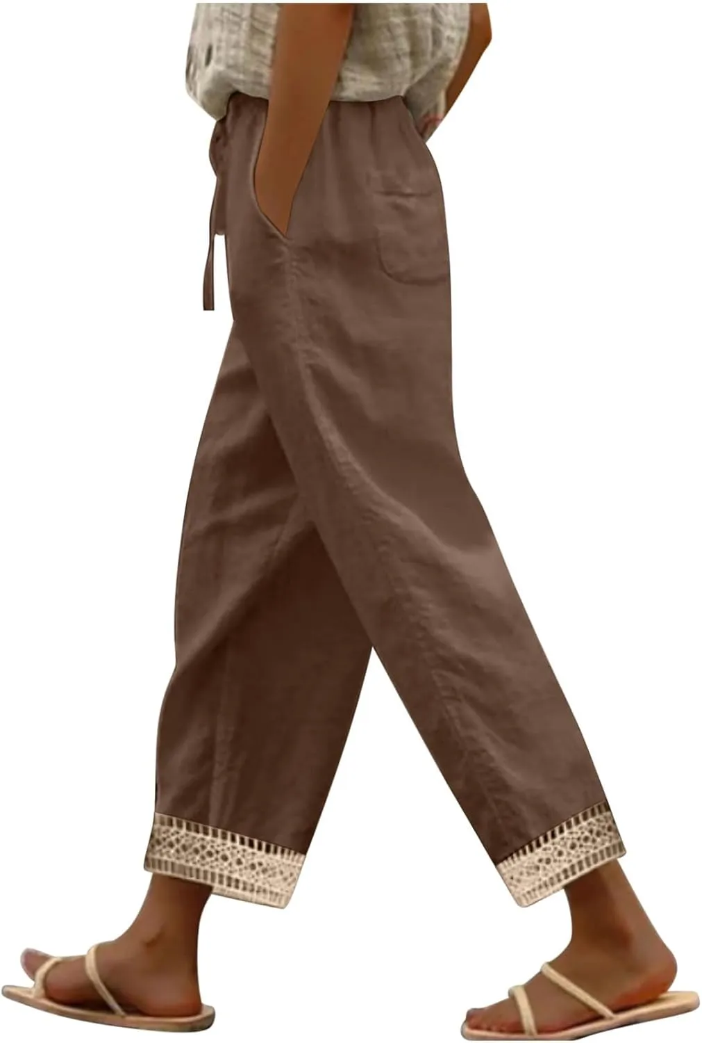2025 Womens lace Capri Linen Pants, Casual Summer Drawstring Elastic High Waist Pant Straight Cropped Trouser
