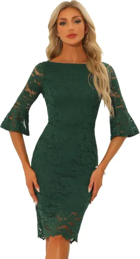 Allegra K Lace Sheath Dress for Women's Boat Neck Bell Sleeve Vintage Cocktail Dress