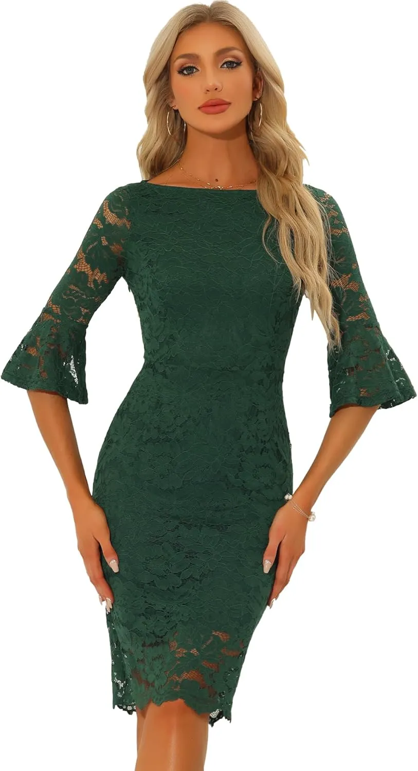 Allegra K Lace Sheath Dress for Women's Boat Neck Bell Sleeve Vintage Cocktail Dress
