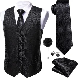 Barry.Wang Men's V-Neck Suit Vest Solid Paisley Waistcoat Silk Tie Hanky Cufflink Clip Set Wedding Party Business Formal