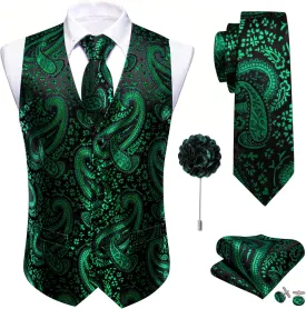 Barry.Wang Men's V-Neck Suit Vest Solid Paisley Waistcoat Silk Tie Hanky Cufflink Clip Set Wedding Party Business Formal
