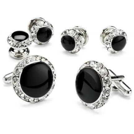Black Onyx with Rhinestone Studded Cufflinks and Studs - Style #FS5624