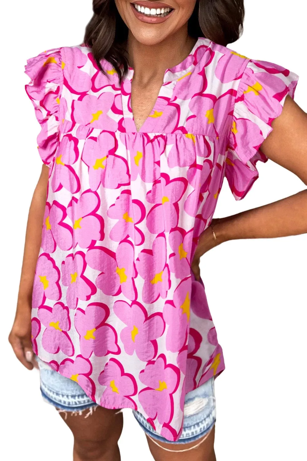 Blushing Rose Babydoll Blouse with Ruffle Sleeves