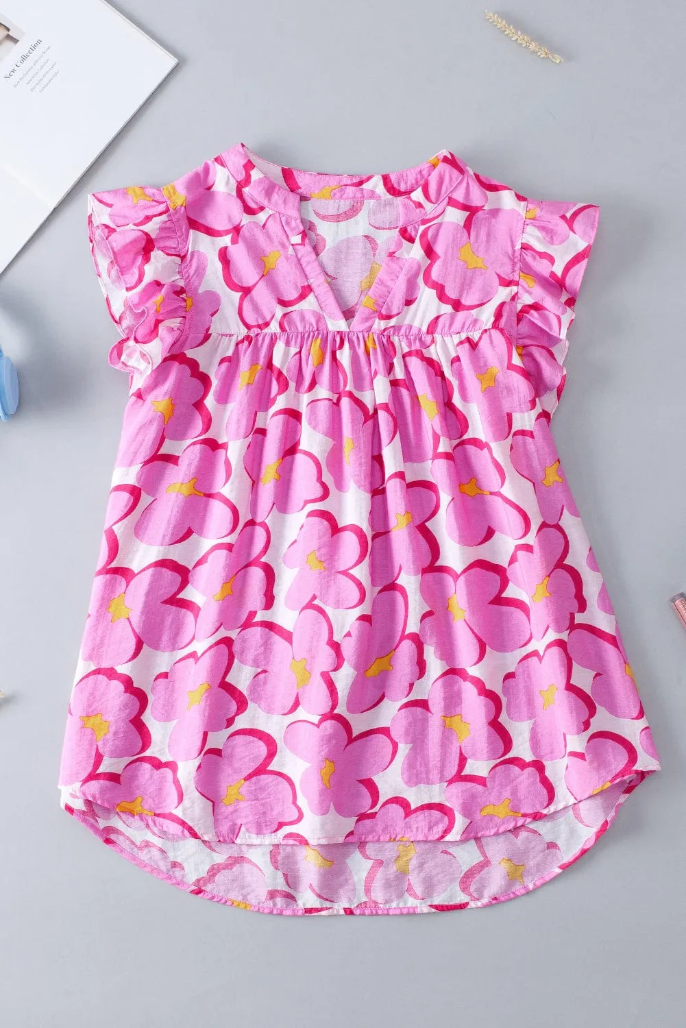 Blushing Rose Babydoll Blouse with Ruffle Sleeves