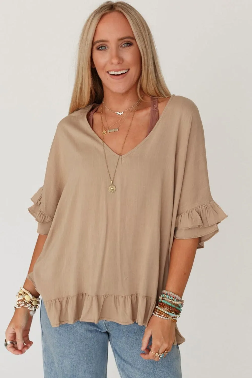 Bohemian Light French Beige V-Neck Ruffle Blouse