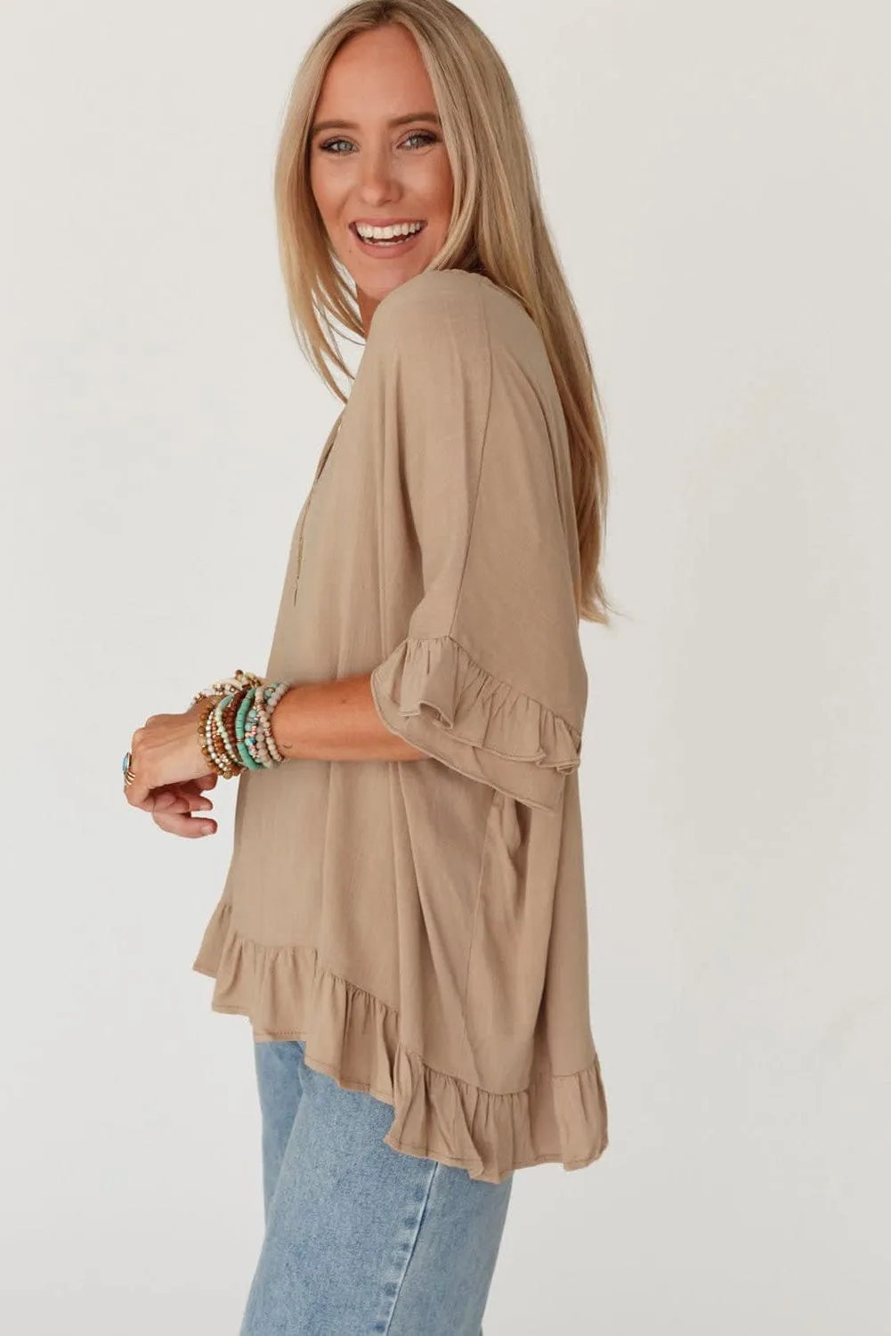 Bohemian Light French Beige V-Neck Ruffle Blouse