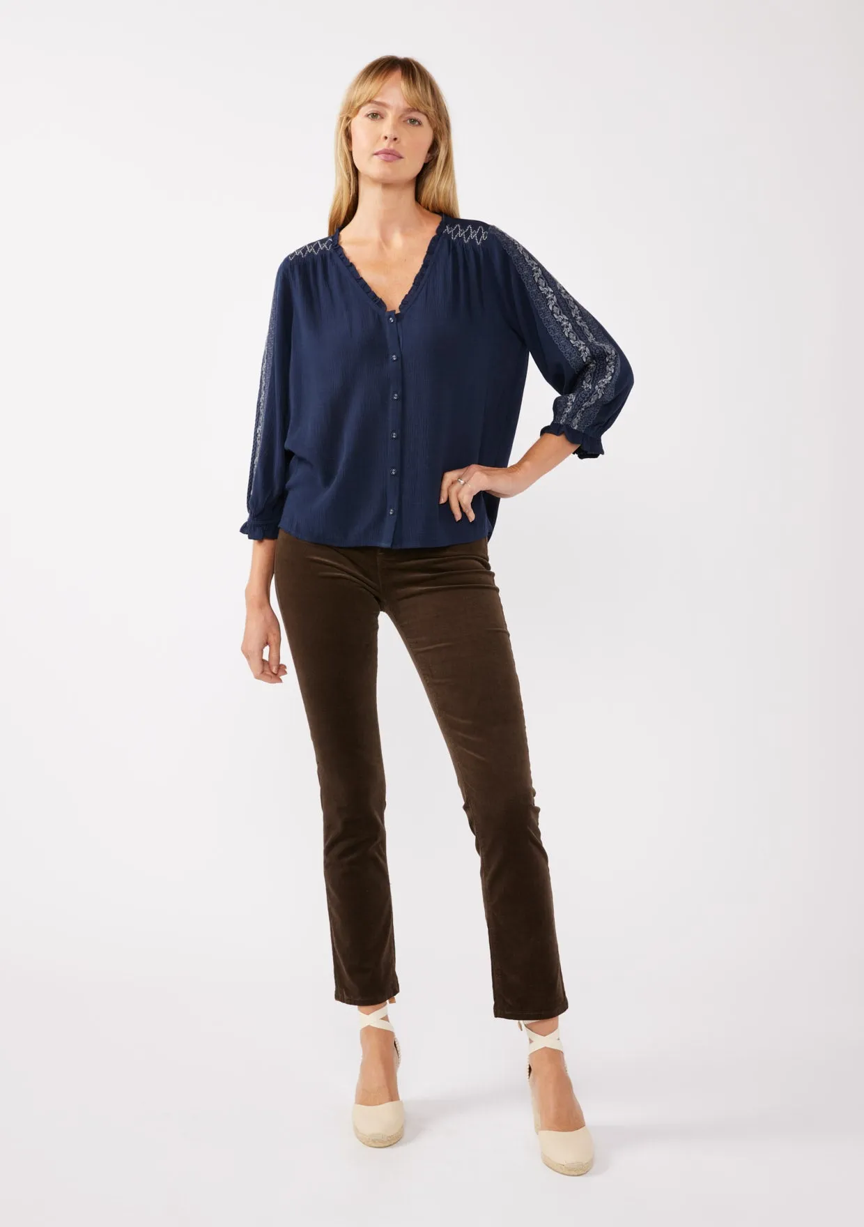 Boho Embroidered Button Front Blouse