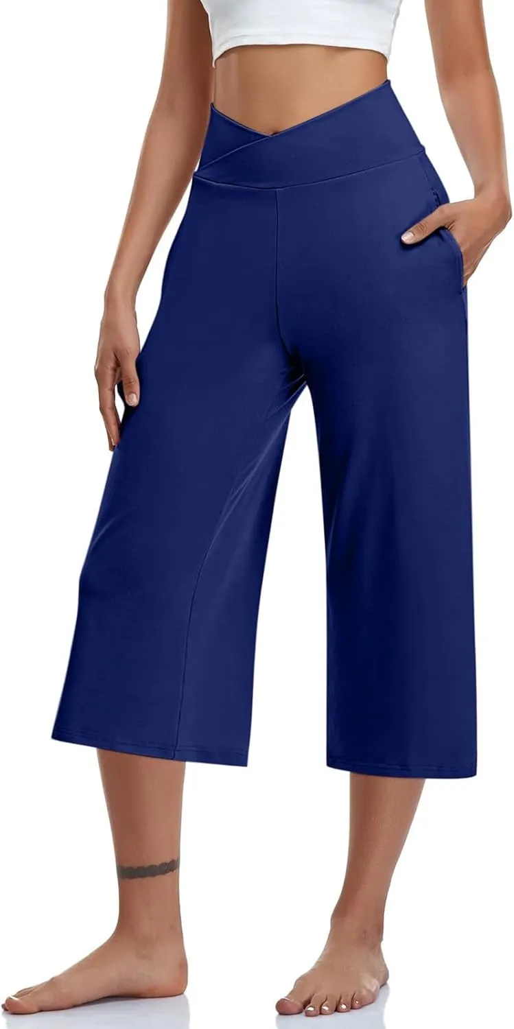 Capris Pants for Women Crossover Wide Leg Yoga Capris with Pockets Tummy Control Capri Leggings with Pockets