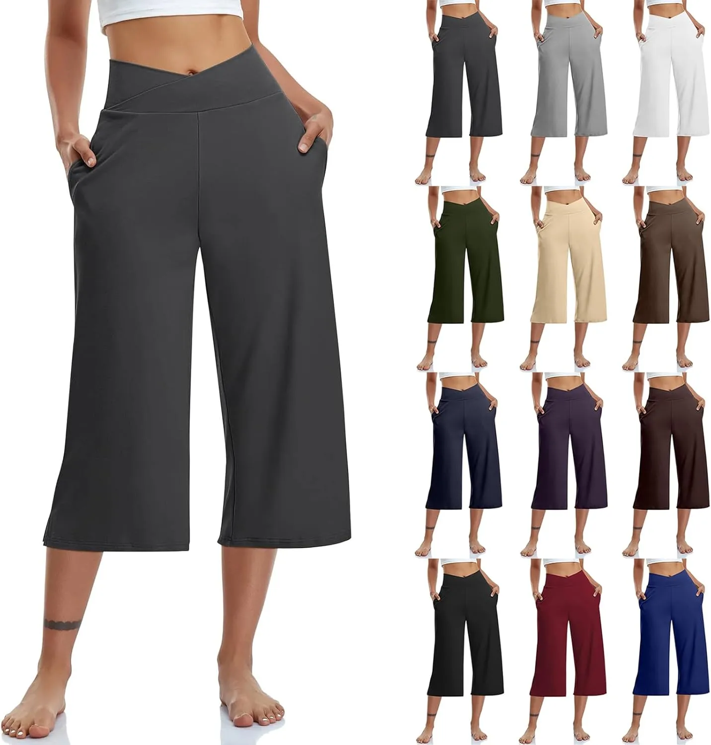 Capris Pants for Women Crossover Wide Leg Yoga Capris with Pockets Tummy Control Capri Leggings with Pockets