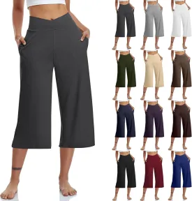 Capris Pants for Women Crossover Wide Leg Yoga Capris with Pockets Tummy Control Capri Leggings with Pockets