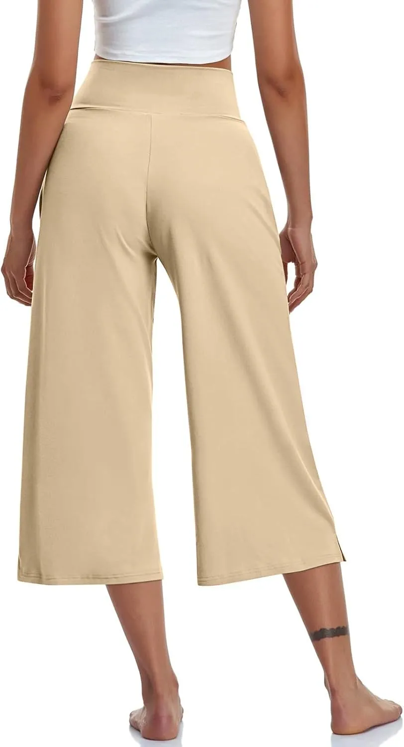 Capris Pants for Women Crossover Wide Leg Yoga Capris with Pockets Tummy Control Capri Leggings with Pockets