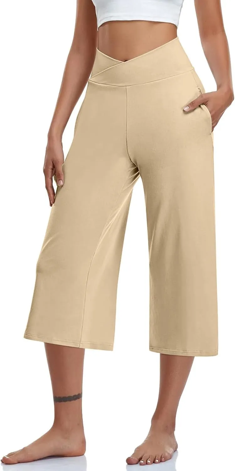 Capris Pants for Women Crossover Wide Leg Yoga Capris with Pockets Tummy Control Capri Leggings with Pockets