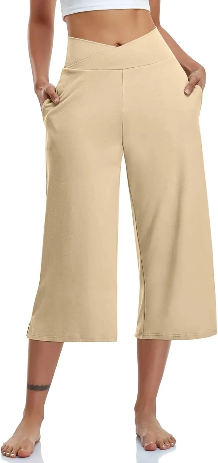 Capris Pants for Women Crossover Wide Leg Yoga Capris with Pockets Tummy Control Capri Leggings with Pockets