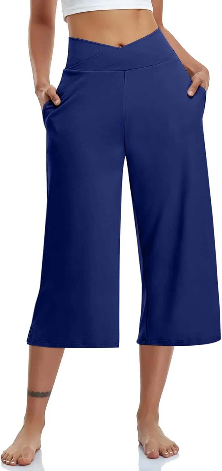 Capris Pants for Women Crossover Wide Leg Yoga Capris with Pockets Tummy Control Capri Leggings with Pockets