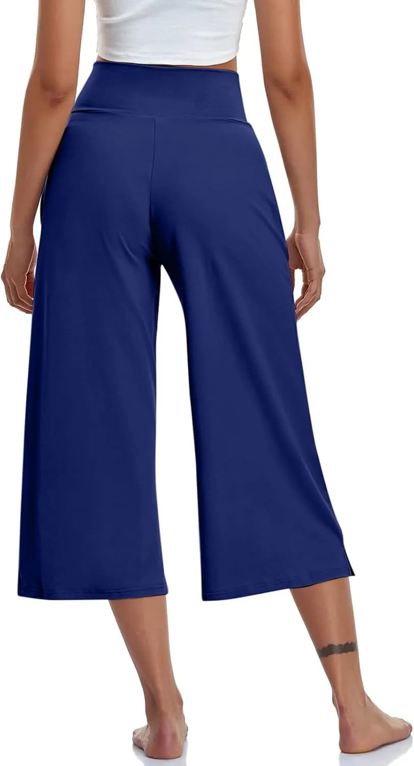 Capris Pants for Women Crossover Wide Leg Yoga Capris with Pockets Tummy Control Capri Leggings with Pockets