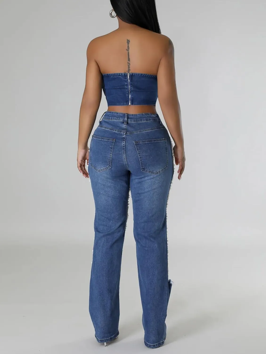 cffvdiz Straight Leg Jeans for Women Mid-Rise Distressed Ripped Hole Pearl Chain Boyfried Denim Pants