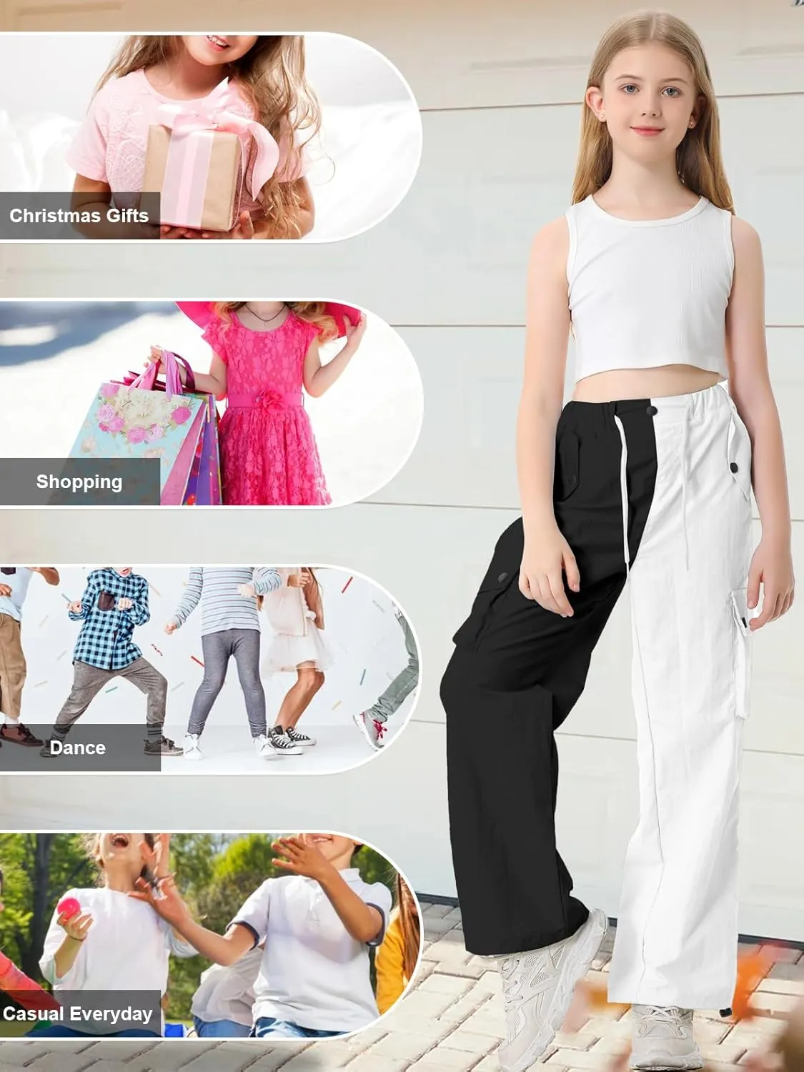 Cromoncent Girls & Womens High Waist Parachute Pants Y2K Waterproof Cargo Trousers with Pockets 6 Years-Women 3XL