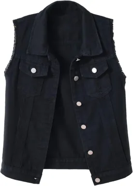 Denim Jacket for Women Casual Lapel Collar Sleeveless Denim Blazer Plus Size Cute Frayed Cropped Vest Top