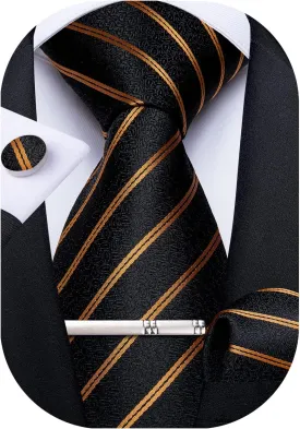DiBanGu Mens Striped Tie Silk Woven Necktie and Pocket Square Cufflinks Tie Clip Set Wedding Business Formal Gift Tie for Men