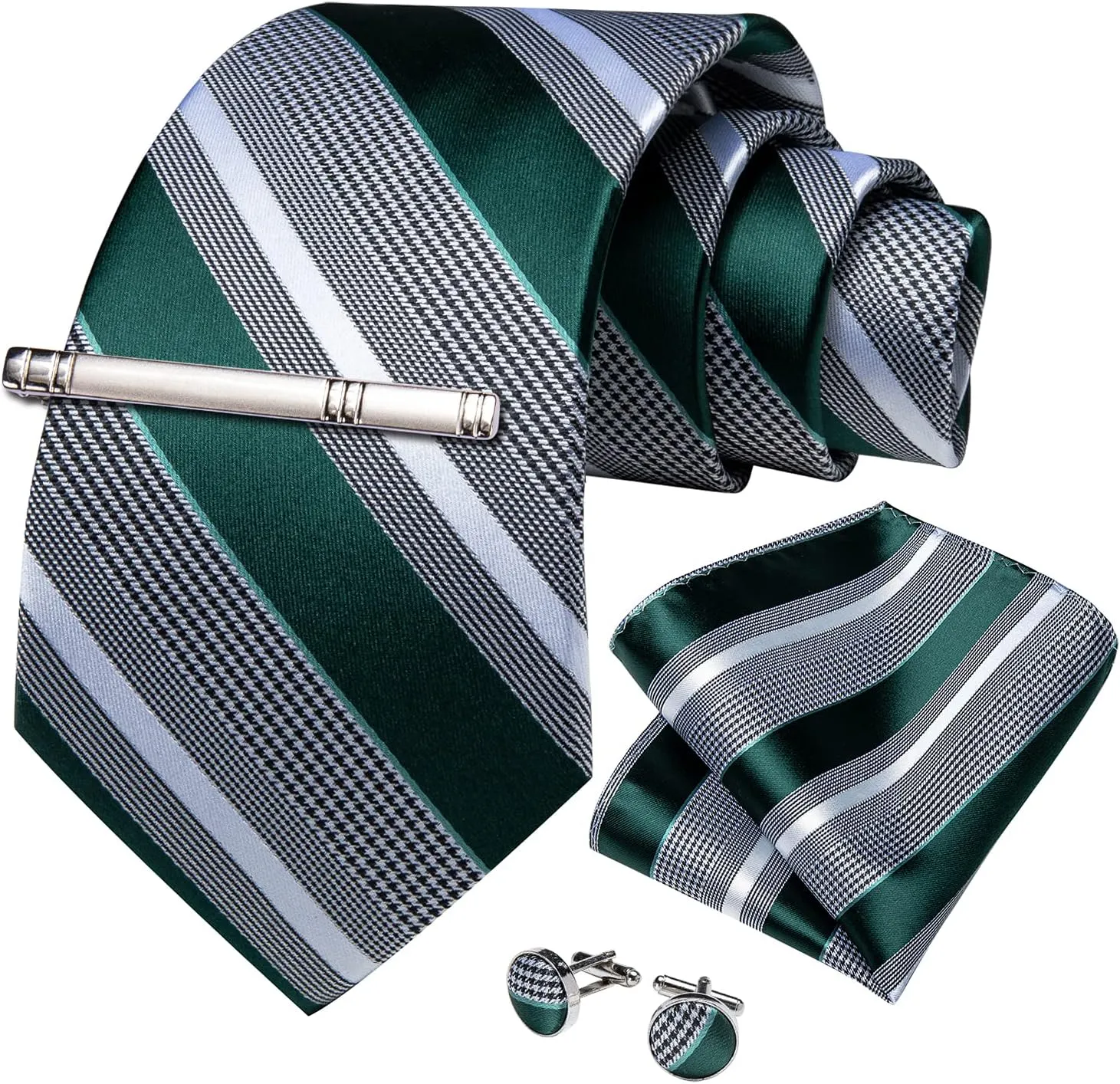 DiBanGu Mens Striped Tie Silk Woven Necktie and Pocket Square Cufflinks Tie Clip Set Wedding Business Formal Gift Tie for Men