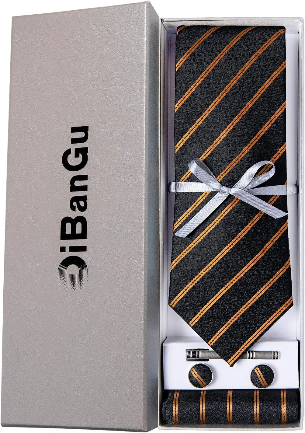 DiBanGu Mens Striped Tie Silk Woven Necktie and Pocket Square Cufflinks Tie Clip Set Wedding Business Formal Gift Tie for Men