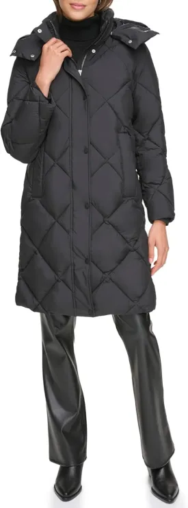DKNY Womens Diamond Quilted Long Puffer Coat