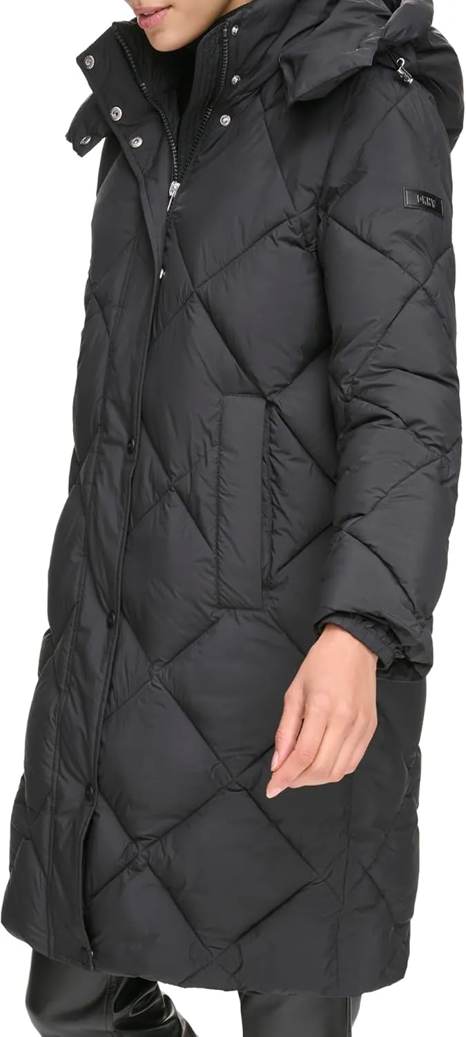 DKNY Womens Diamond Quilted Long Puffer Coat