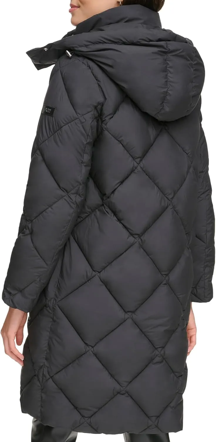 DKNY Womens Diamond Quilted Long Puffer Coat