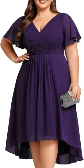 Ever-Pretty Plus Women‘s Short Sleeves V Neck A Line Chiffon Knee Length Plus Size Cocktail Dress for Curvy Women