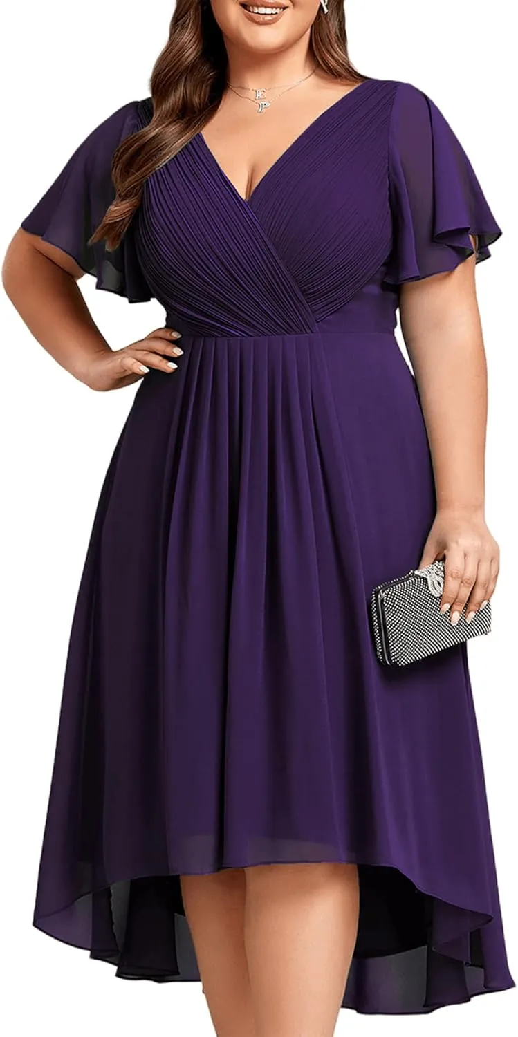 Ever-Pretty Plus Women‘s Short Sleeves V Neck A Line Chiffon Knee Length Plus Size Cocktail Dress for Curvy Women