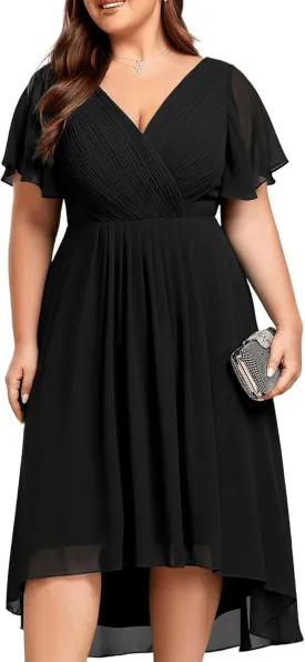 Ever-Pretty Plus Women‘s Short Sleeves V Neck A Line Chiffon Knee Length Plus Size Cocktail Dress for Curvy Women