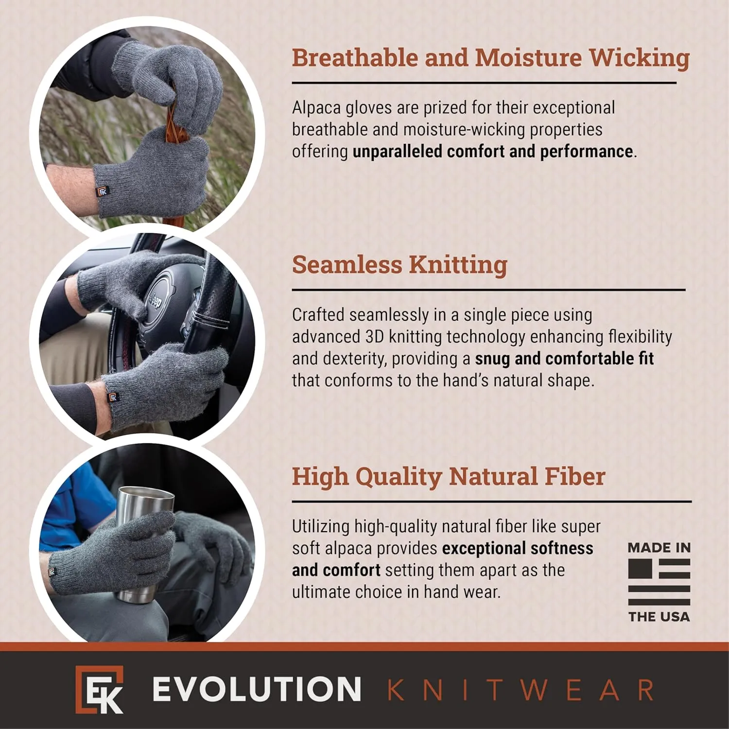 Evolution Knitwear Alpaca Knit Gloves - Super Soft Baby Alpaca - Made in The USA - Large