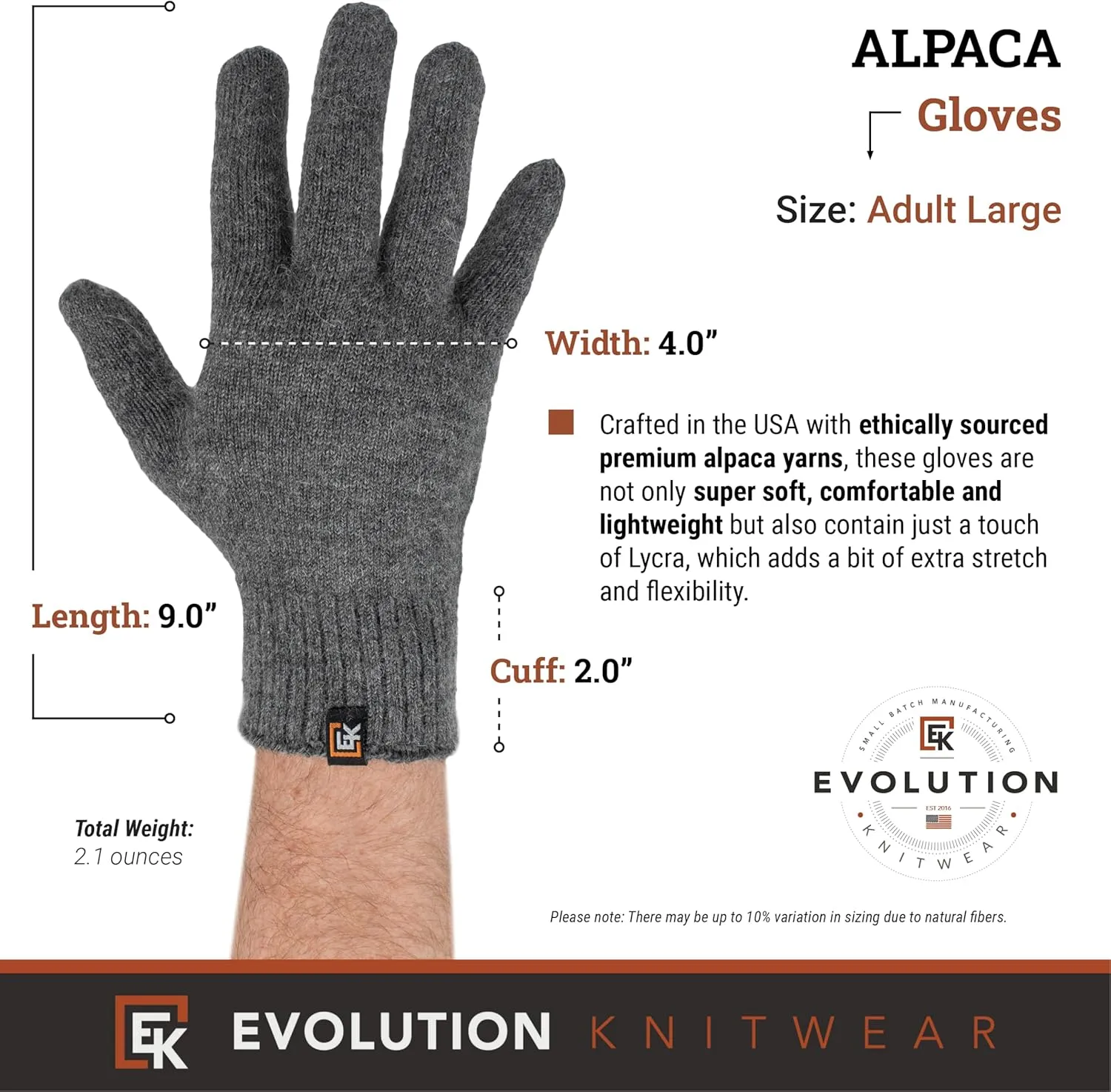 Evolution Knitwear Alpaca Knit Gloves - Super Soft Baby Alpaca - Made in The USA - Large