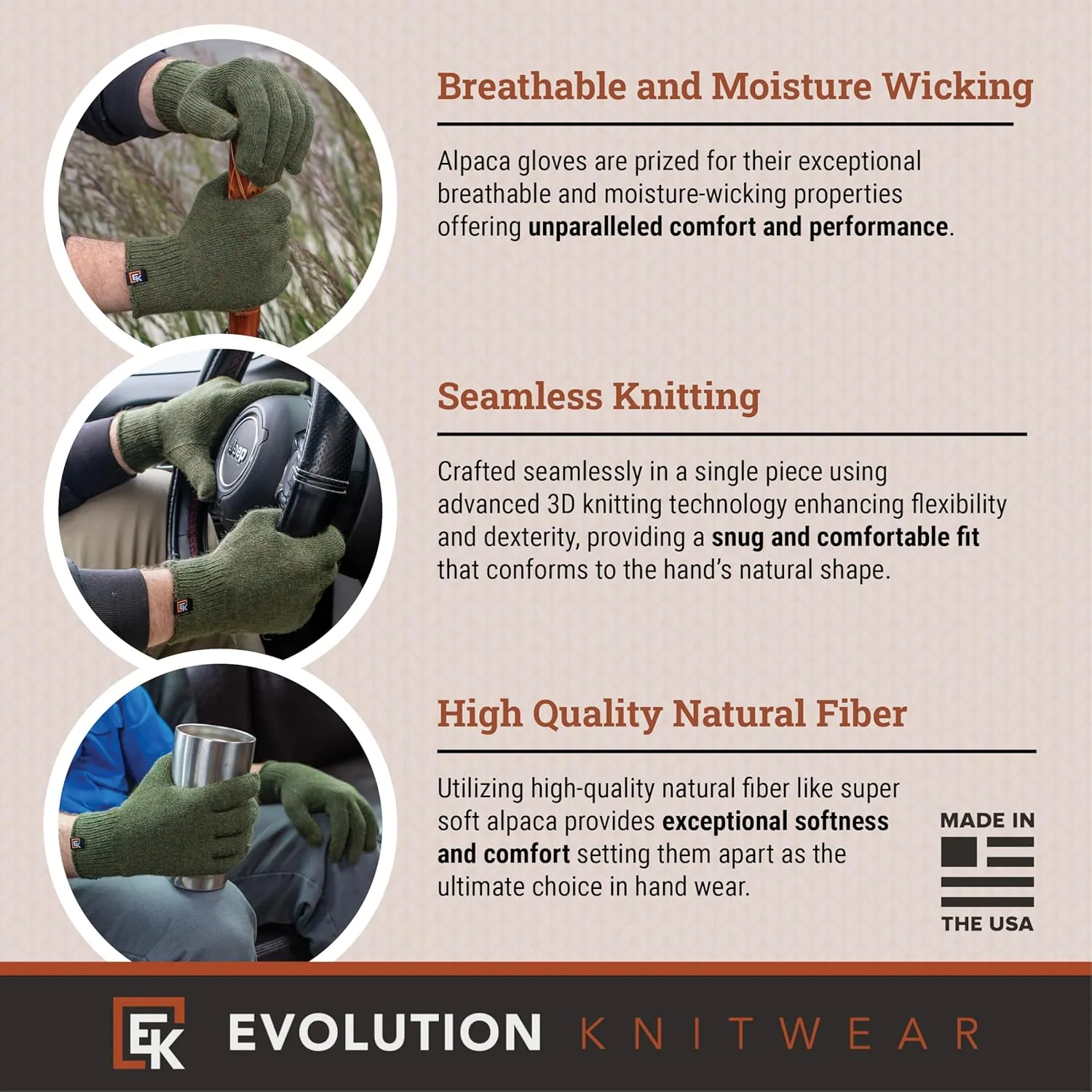 Evolution Knitwear Alpaca Knit Gloves - Super Soft Baby Alpaca - Made in The USA - Large