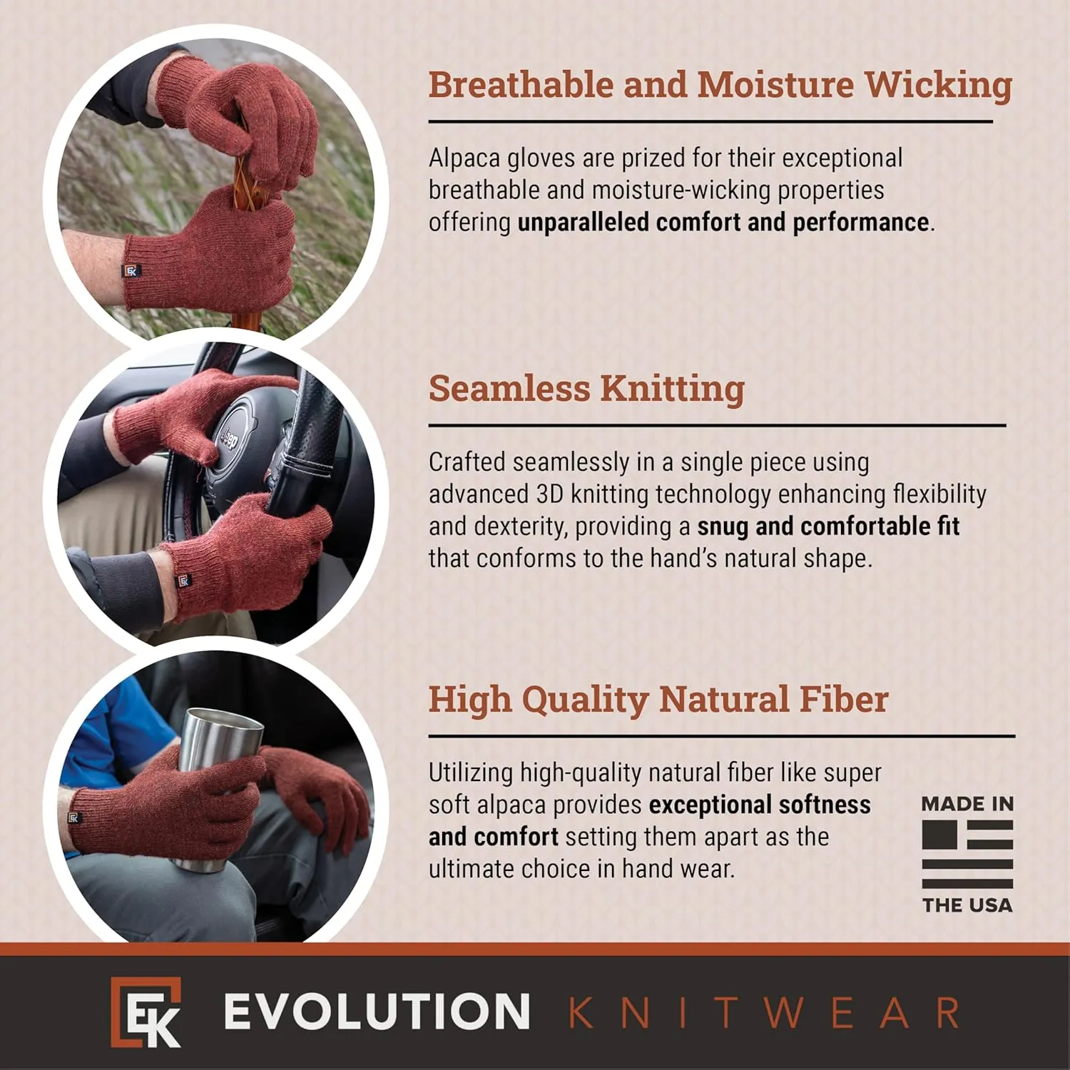 Evolution Knitwear Alpaca Knit Gloves - Super Soft Baby Alpaca - Made in The USA - Large