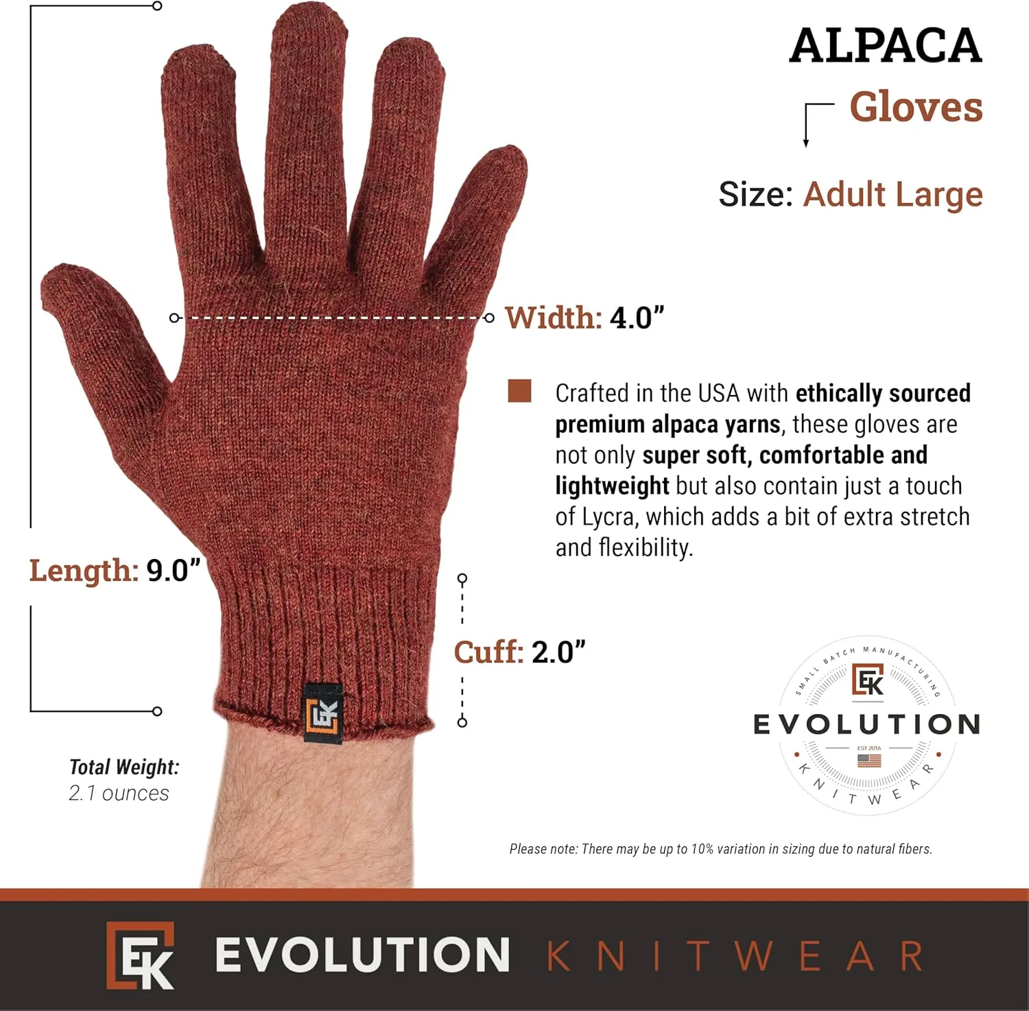 Evolution Knitwear Alpaca Knit Gloves - Super Soft Baby Alpaca - Made in The USA - Large