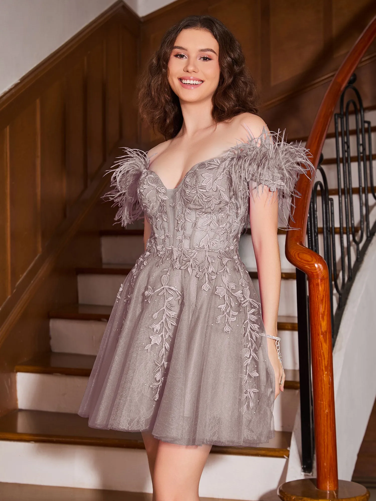 Feather Adorned Off-the-shoulder Cocktail Dress Dusk