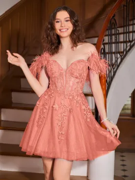 Feather Adorned Off-the-shoulder Cocktail Dress Sunset