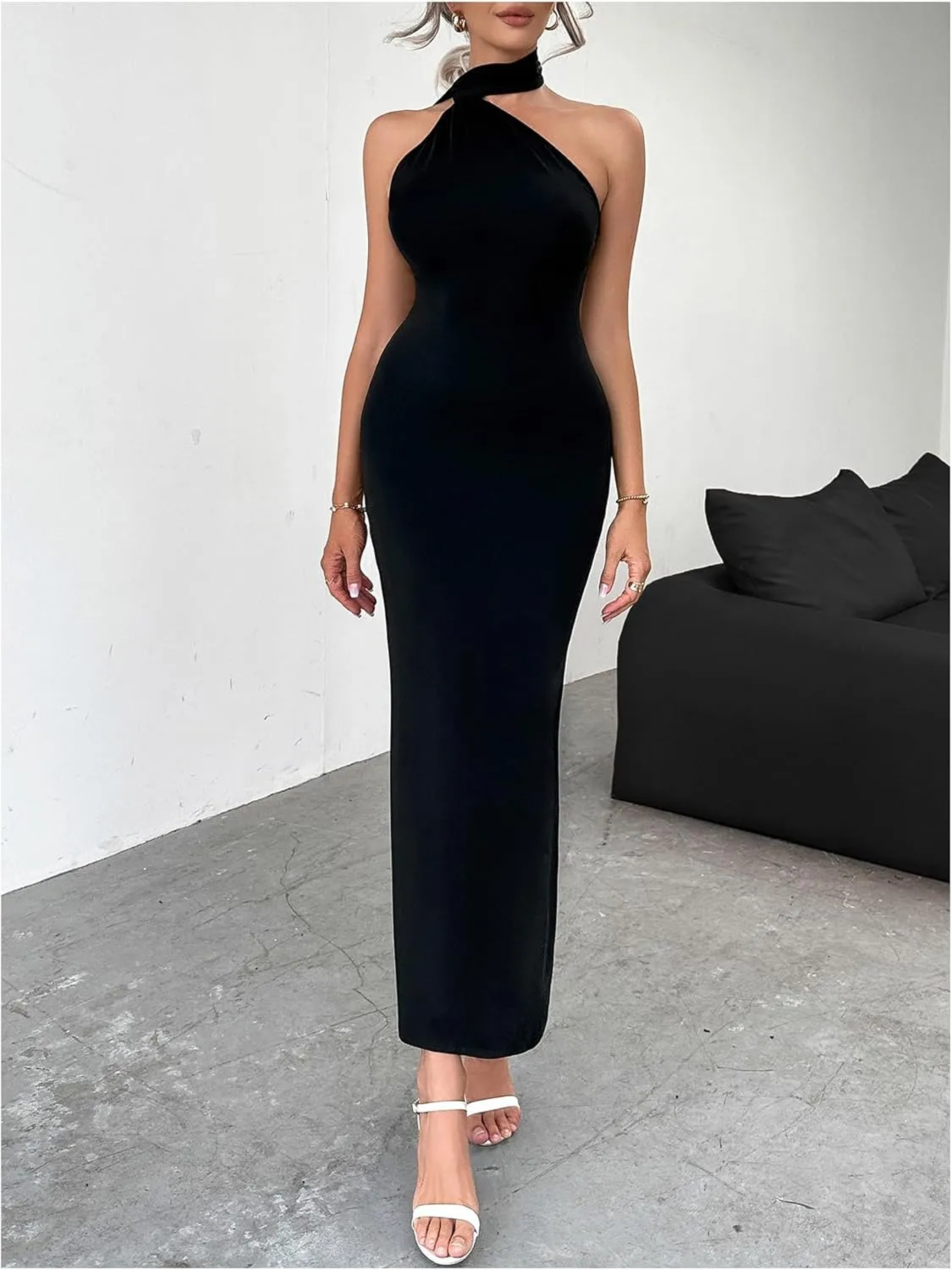 Floerns Women's Halter Neck Sleeveless Backless Bodycon Dress Cocktail Party Maxi Dresses