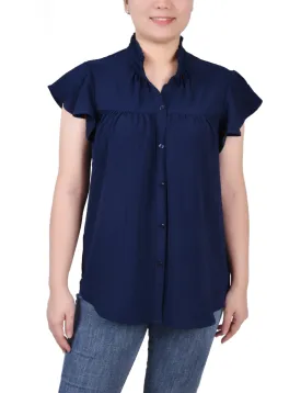 Flutter Sleeve Ruffle Neck Blouse - Petite