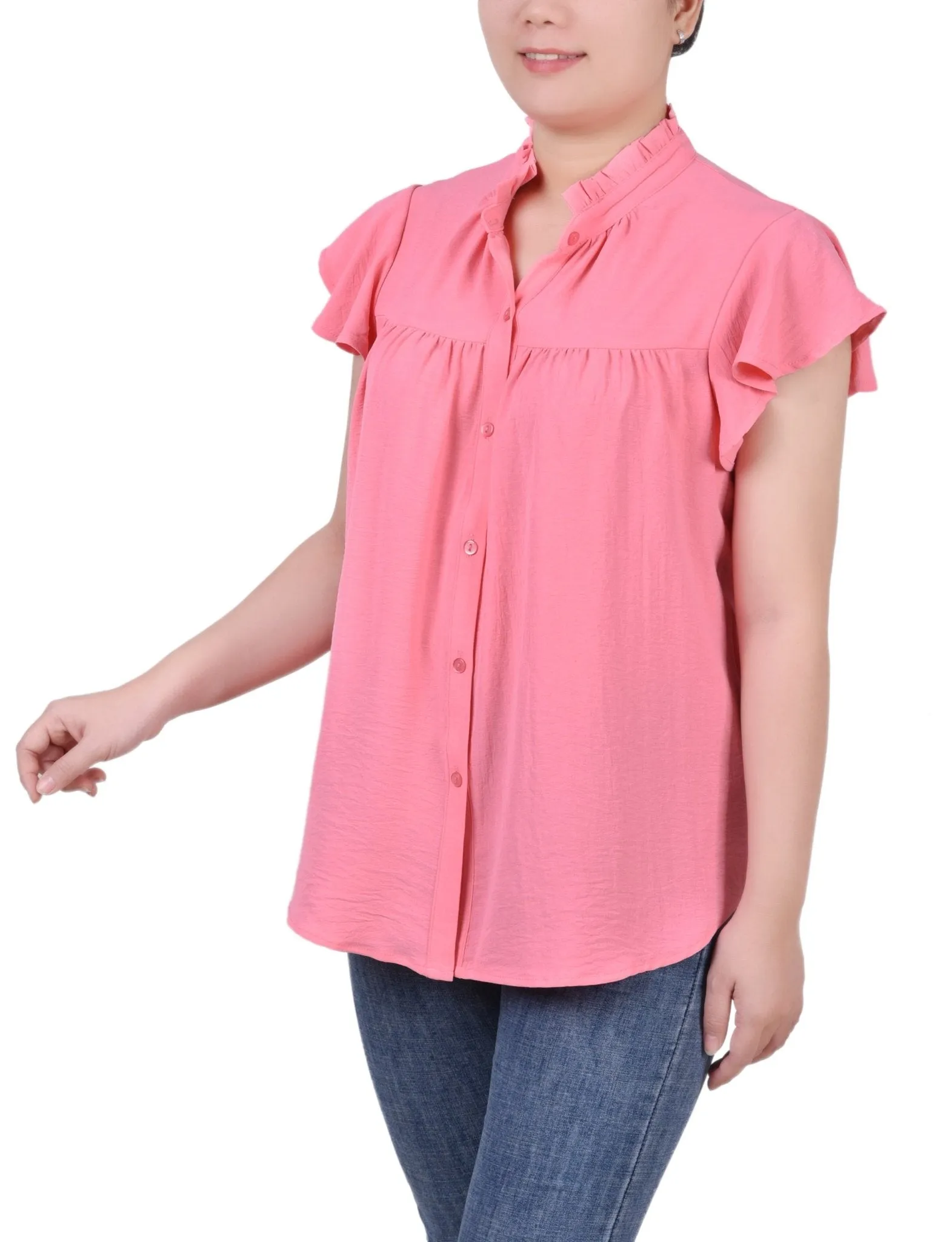 Flutter Sleeve Ruffle Neck Blouse - Petite