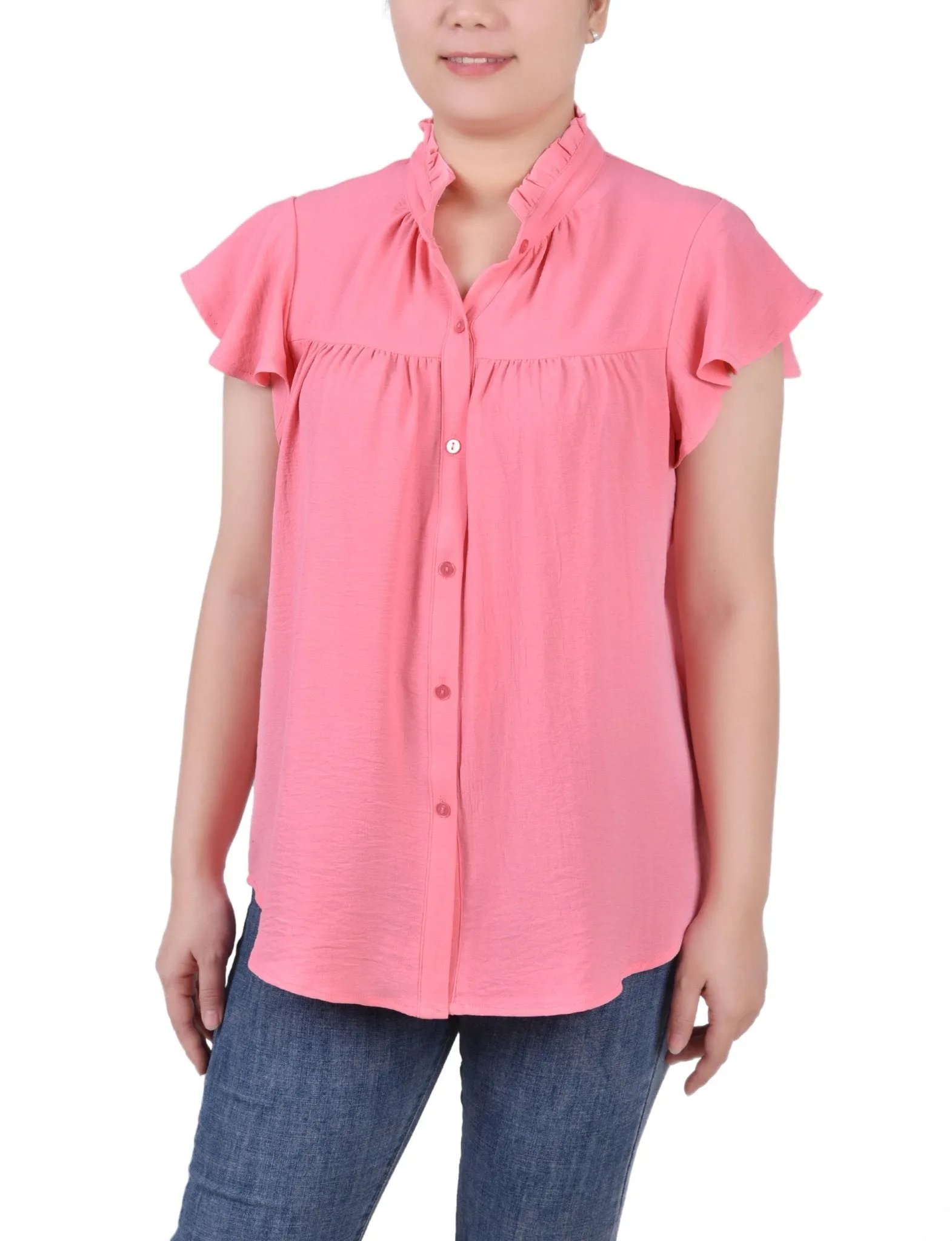 Flutter Sleeve Ruffle Neck Blouse - Petite