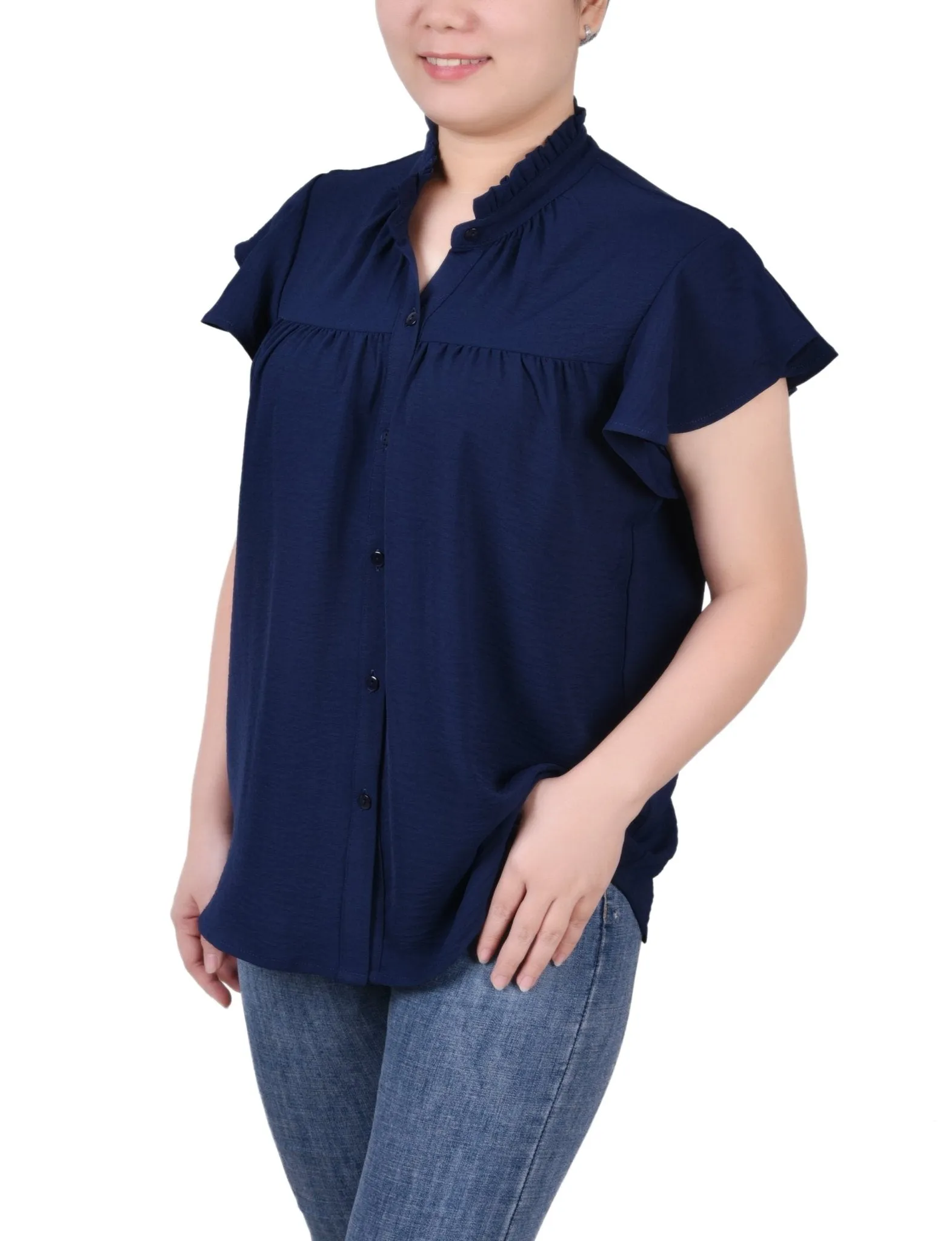 Flutter Sleeve Ruffle Neck Blouse - Petite