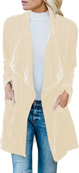 futurino Women's Solid Long Sleeve Velvet Jacket Open Front Cardigan Coat with Pockets Outerwear