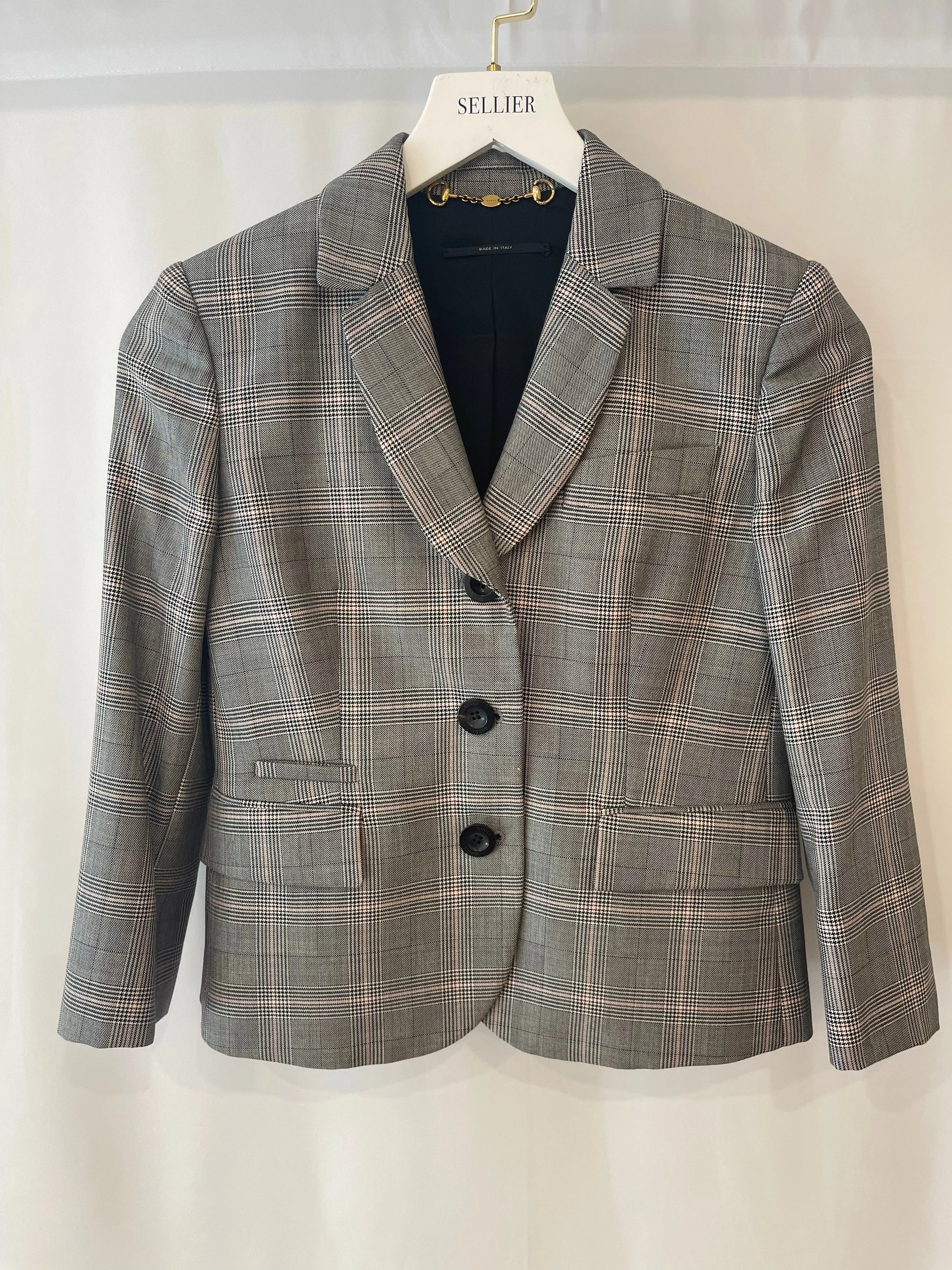 Gucci Grey Wool Checked Blazer Jacket with Logo Buttons Size IT 38 (UK 6)