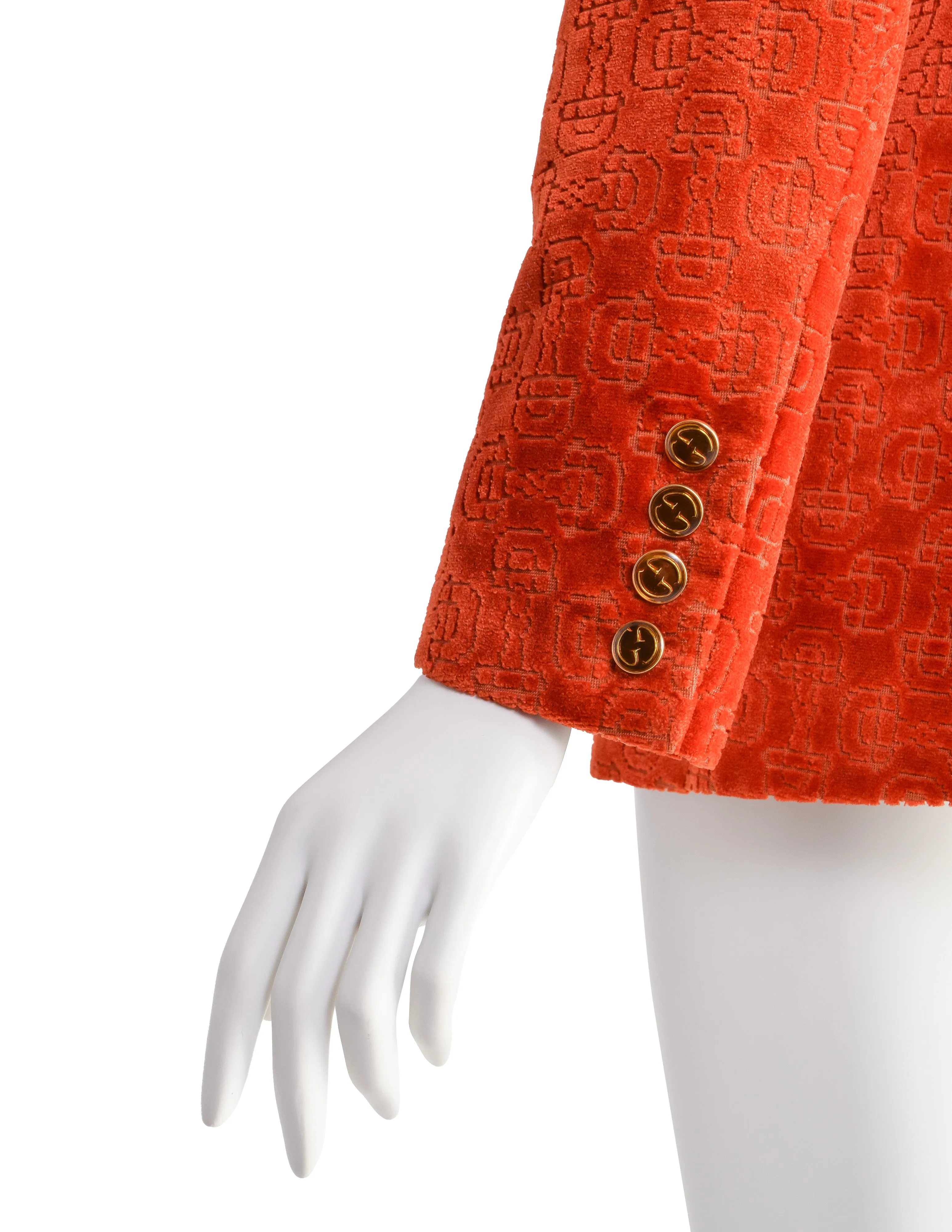 Gucci Vintage 1970s Orange Horsebit Velvet Jacquard Double Breasted Blazer Jacket
